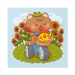 Cute Bear Cycling in Sunflower Field Posters and Art